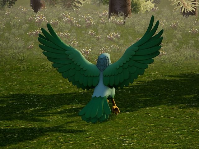 A green bird of prey with spread wings in a viewer scene