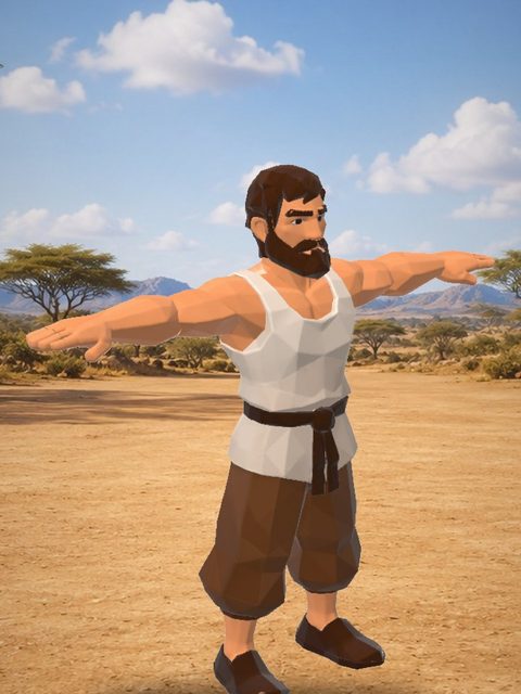 A bearded low-poly man in a T-pose, rigged as a biped