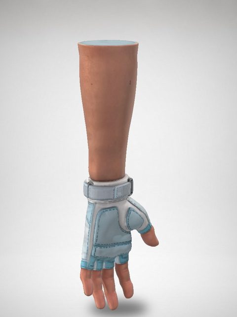 A hand in a fingerless glove, rigged with per-finger joints