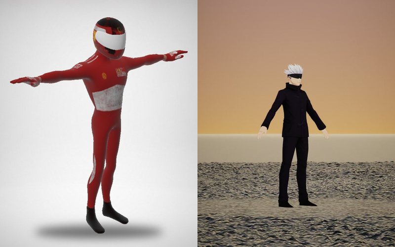 Two characters rigged by AutoRig: a racer in a T-pose and a character in an A-pose