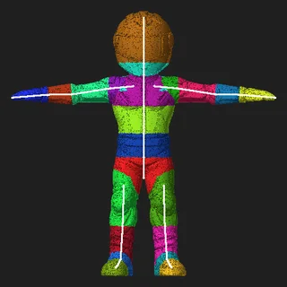 Biped character with its skeleton and skin weights