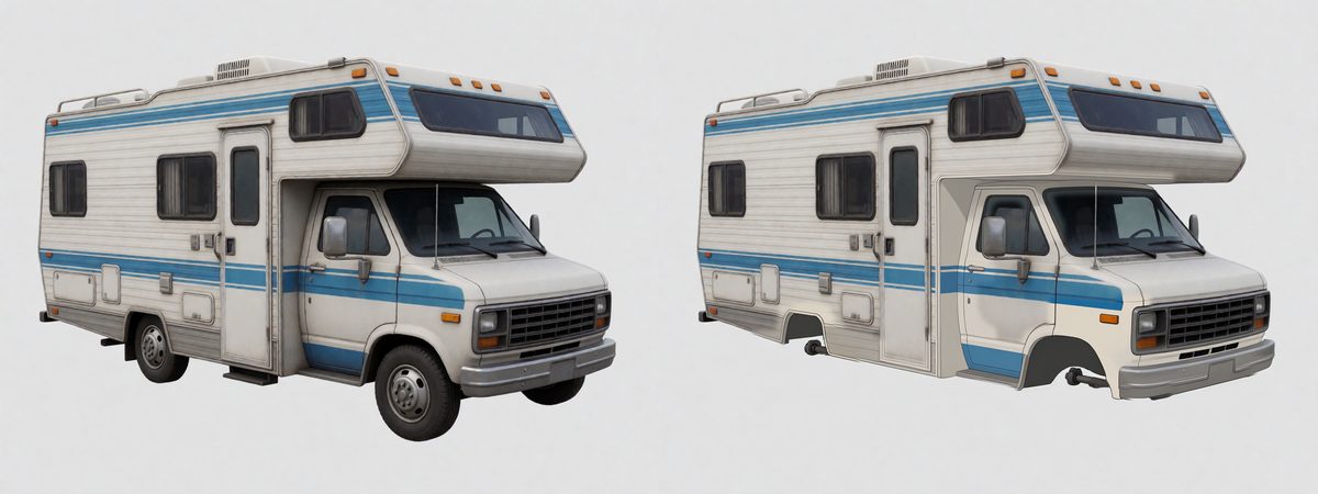 A motorhome picture next to its bare body shell