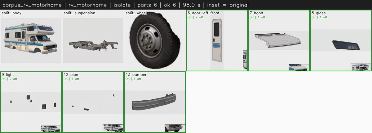 Parts review sheet of a motorhome: body, suspension, wheel, door, hood, glass, lights, pipe and bumper