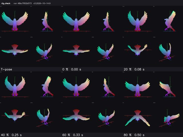 Rig check sheet of a bird of prey with spread wings: rest pose and clip frames