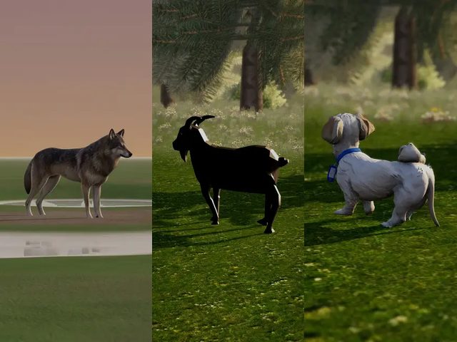 A wolf, a goat and a dog rigged on AutoRig, shown on gallery posters