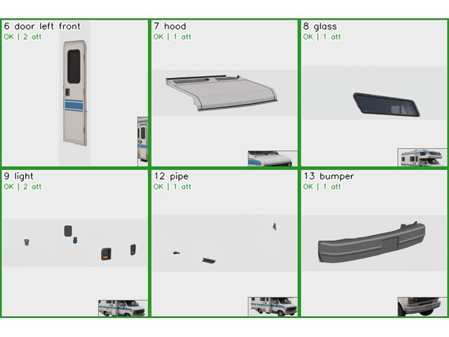 The Parts panel sheet of a motorhome: door, hood, glass, lights, pipe and bumper, each isolated and restored