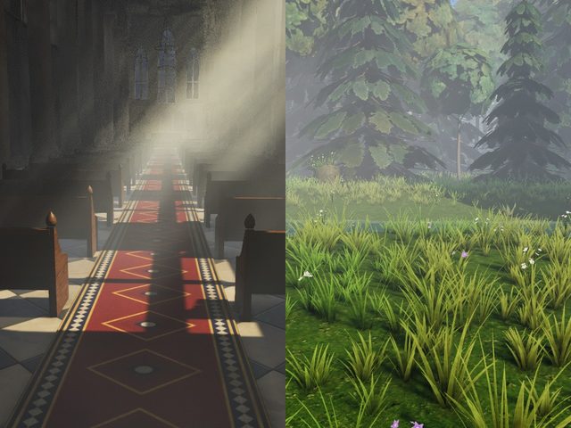 Two viewer environment scenes: a cathedral nave and a river glade