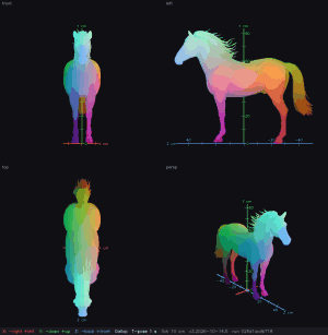 Gallop clip frames of a rigged horse: front, side and top views