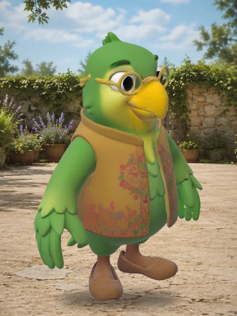 A cartoon parrot, a bird with wings