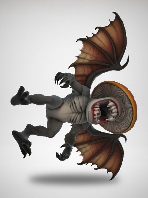 A winged monster with claws and a toothed mouth