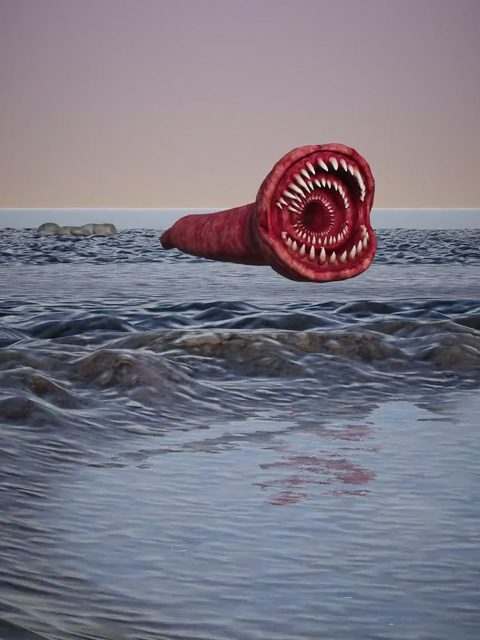 A long limbless creature with a toothed mouth rising out of water
