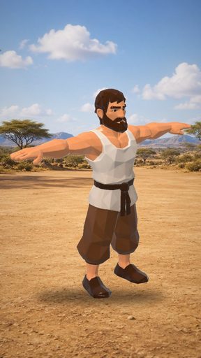 A bearded low-poly man in a T-pose, rigged on AutoRig