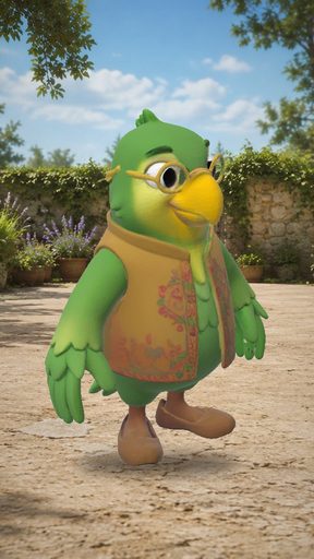 A cartoon parrot in a waistcoat, rigged as a bird