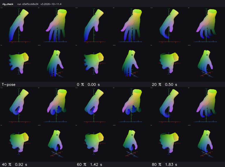 Frames of a hand clip on a rigged hand with per-finger joints