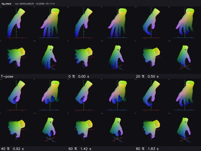 Rig check sheet of a low-poly hand: rest pose and hand clip frames in front, side and top views