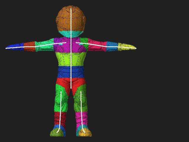 A biped in a T-pose with its skeleton drawn in white and the skin weight of every bone in colour