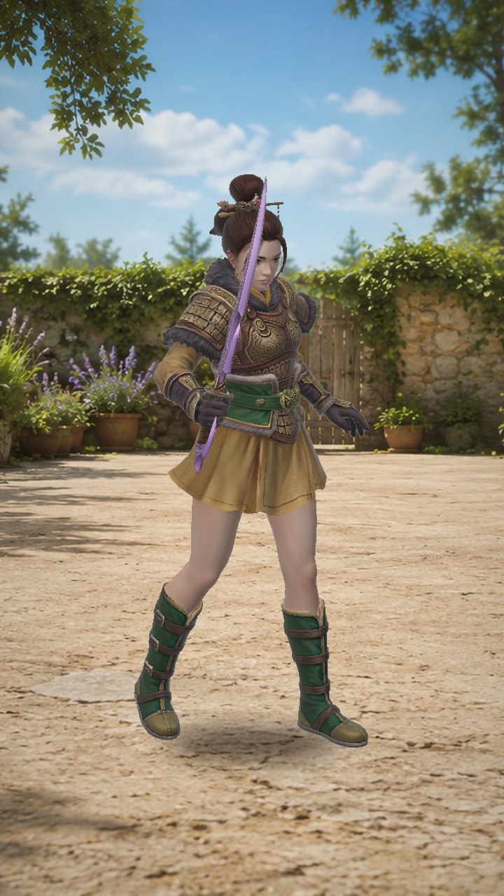 Female Chinese Warrior with Purple Ribbon Weapon and Ornate Armor low-poly 3d model