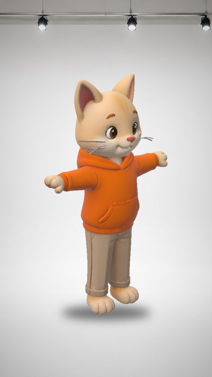 Cute anthropomorphic cat character in orange hoodie and beige pants with friendly expression low